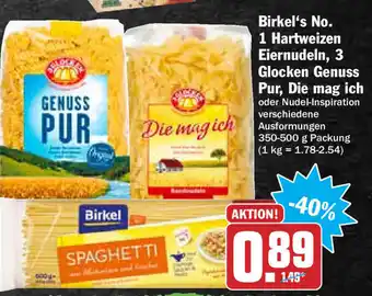 Hit Birkel's No. 1 Hartweizen Eiernudeln, 3 Glocken Genuss Pur, Die mag ich 350 - 500 g Angebot