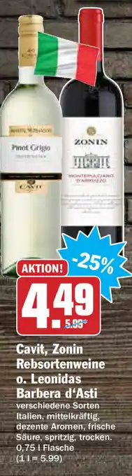 Hit Cavit, Zonin Rebsortenweine o. Leonidas Barbera d'Asti 0,75L Angebot