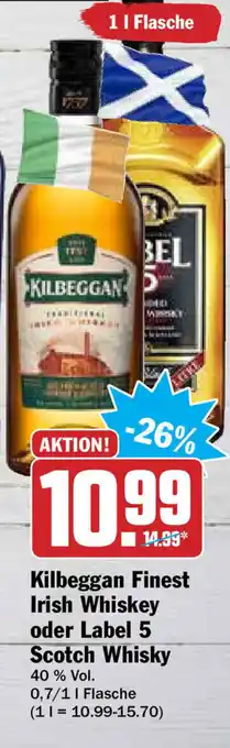 Hit Kilbeggan Finest Irish Whiskey oder Label 5 Scotch Whisky 0,7L/1L Angebot