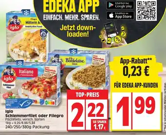 Edeka Iglo Schlemmer Filet oder Filegro 240/250/380g Packung Angebot