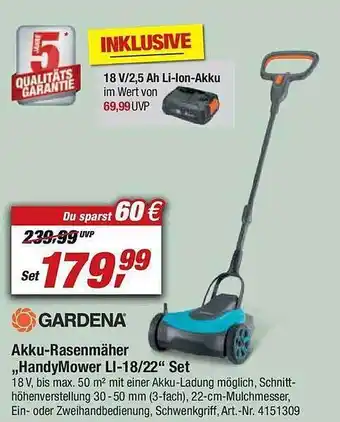 toom Baumarkt Gardena Akku-rasenmäher „handymower Li-18.22“ Set Angebot