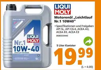 Globus Baumarkt Liqui Moly Motorenöl ,,Leichtlauf Nr.1 10W40" Angebot