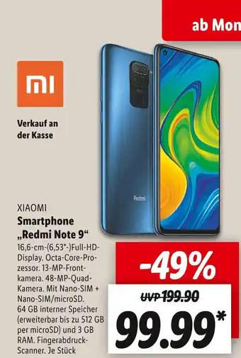 Lidl Xiaomi smartphone „redmi note 9“ Angebot