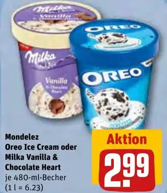 REWE Mondelez Oreo Ice Cream oder Milka Vanilla & Chocolate Heart 480 ml Becher Angebot