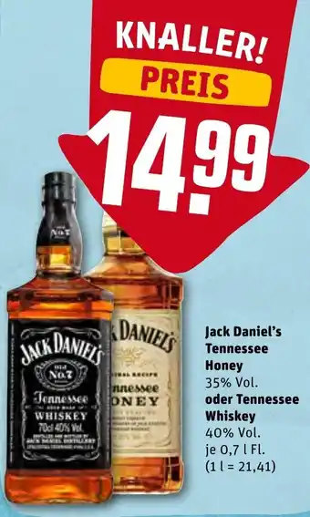 REWE Kaufpark Jack Daniel's Tennessee Honey oder Tennessee Whiskey 0,7 L Fl. Angebot