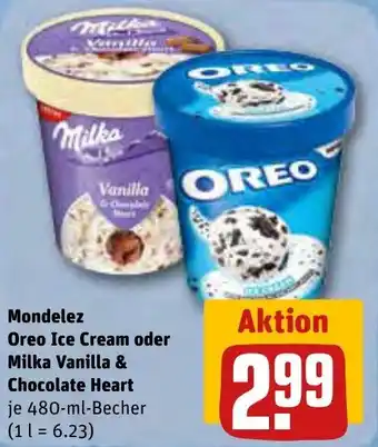 REWE Center Mondelez Oreo Ice Cream oder Milka Vanilla & Chocolate Heart 480 ml Becher Angebot