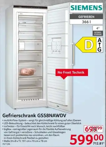 Selgros Siemens Gefrierschrank GS58NAWDV Angebot