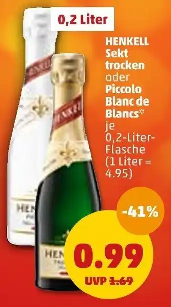 PENNY Henkell Sekt trocken oder Piccolo Blanc de Blancs 0,2 Liter Flasche Angebot