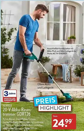 Aldi Nord Ferrex 20-v-akku-rasentrimmer Gdrt26 Angebot