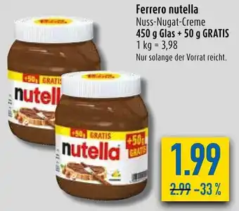 diska Ferrero Nutella 450 g Glas + 50 g Gratis Angebot