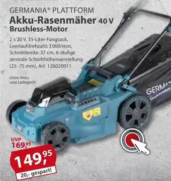 Sonderpreis Baumarkt Germania Plattform Akku-rasenmäher 40 V Brushless-motor Angebot