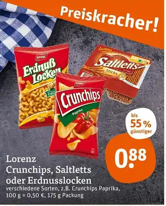 tegut Lorenz Crunchips, Saltletts oder Erdnusslocken 175g Angebot