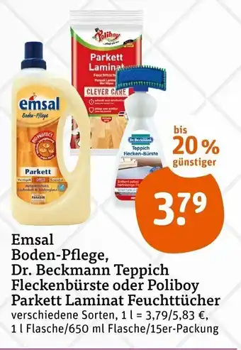 tegut Emsal Boden Pflege, Dr. Beckmann Teppich Fleckenbürste oder Poliboy Parkett Laminat Feuchttücher Angebot