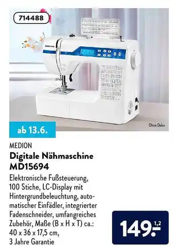 Aldi Nord Medion Digitale Nähmaschine Md15694 Angebot