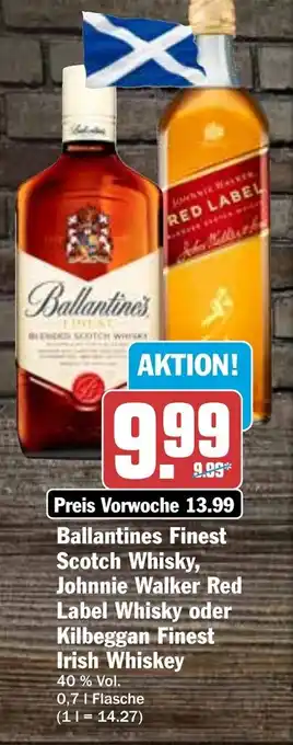 Hit Ballantines Finest Scotch Whisky, Johnnie Walker Red Label Whisky oder Kilbeggan Finest Irish Whiskey 0,7 L Flasche Angebot