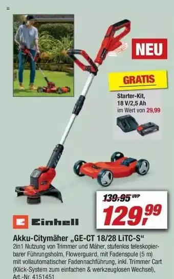 toom Baumarkt Einhell Akku-citymäher „ge-ct 18 28 Litc-s” Angebot