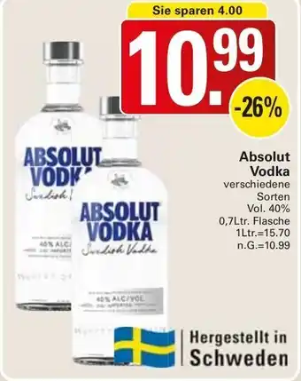 WEZ Absolut Vodka 0,7Ltr. Flasche Angebot