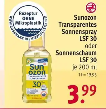 Rossmann Sunozon transparentes sonnenspray lsf 30 oder sonnenschaum lsf 30 Angebot