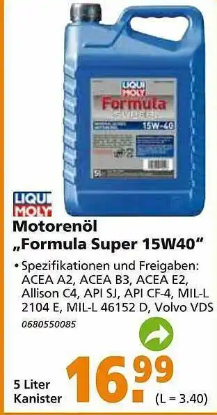 Globus Baumarkt Liqui Moly Motorenöl „Formula Super 15w40” Angebot