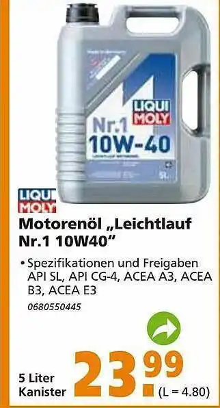 Globus Baumarkt Liqui Moly Motorenöl „Leichtlauf Nr.1 10W40” Angebot