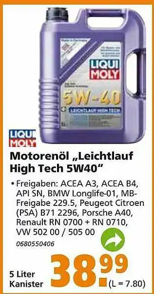 Globus Baumarkt Liqui Moly Motorenöl „Leichtlauf High Tech 5W40” Angebot