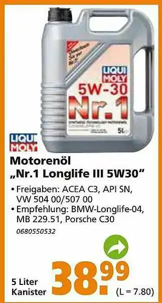 Globus Baumarkt Liqui Moly Motorenöl „nr. 1 Longlife Lll 5W30” Angebot