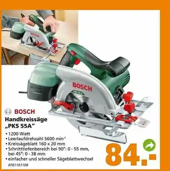 Globus Baumarkt Bosch Handkreissäge „pks 55a” Angebot