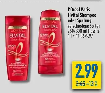 diska L'Oreal Paris Elvital Shampoo o. Spulung 300/250ml Angebot