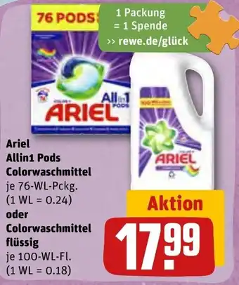 REWE Center Ariel All in 1 Pods Colorwaschmittel 76 WL Pckg. oder Colorwaschmittel flüssig 100 WL Fl. Angebot