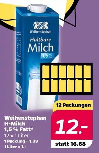 NETTO Weihenstephan H-Milch 1,5% Fett 12x1 Liter Angebot