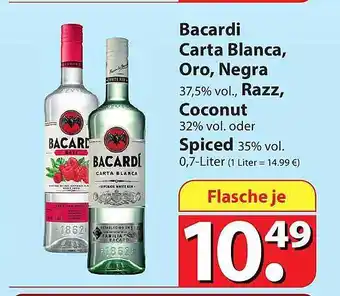 Famila Nord Ost Bacardi Carta Blanca, Oro, Negra, Razz, Coconut Oder Spiced Angebot