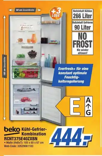 K+B Expert beko Kühl-Gefrier Kombination RCNT375E40ZXBN 185 x 60 x 67 cm Angebot