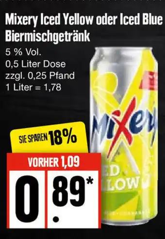 Edeka Mixery Ice Yellow oder Iced Blue Biermischgetränk 0,5 Liter Dose Angebot