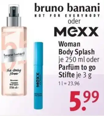 Rossmann bruno banani oder Mexx Woman Body Splash 250 ml oder Parfüm to go Stifte 3 g Angebot