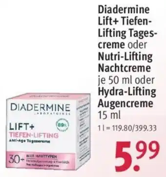 Rossmann Diadermine Lift+Tiefen Lifting Tagescreme oder Nutri Lifting Nachtcreme 50 ml oder Hydra Lifting Augencreme 15 ml Angebot