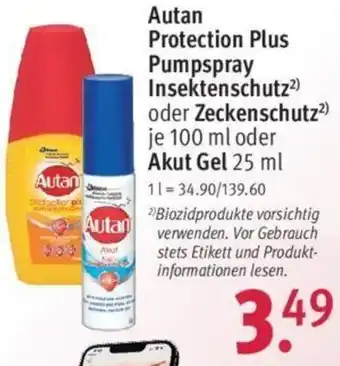 Rossmann Autan Protection Plus Pumpspray Insektenschutz oder Zeckenschutz 100 ml oder Akut Gel 25 ml Angebot