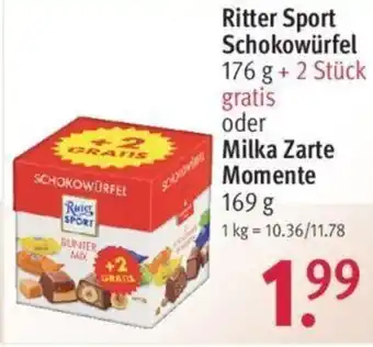 Rossmann Ritter Sport Schokowürfel 176 g + 2 Stück gratis oder Milka Zarte Momente 169 g Angebot