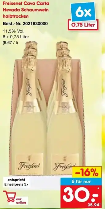 Netto Marken-Discount Freixenet Cava Carta Nevada Schaumwein halbtrocken 6x0,75 Liter Angebot