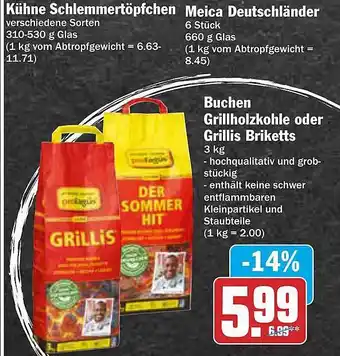 AEZ Kühne Schlemmertöpfchen, Meica Deutschländer, Buchen Grillholzkohle Oder Grillis Briketts Angebot