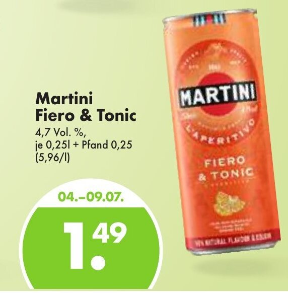 Martini Fiero & Tonic 250ml Angebot bei Trink und Spare