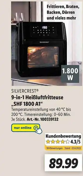 Lidl Silvercrest 9-in-1 Heißluftfritteuse „shf 1800 A1“ Angebot