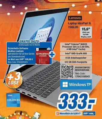 Expert Lenovo Laptop IdeaPad 3i 15iglo5 Angebot