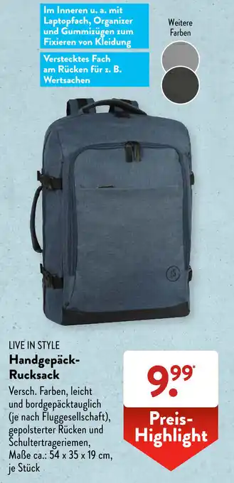 Aldi Süd Live in Style Handgepäck Rucksack Angebot