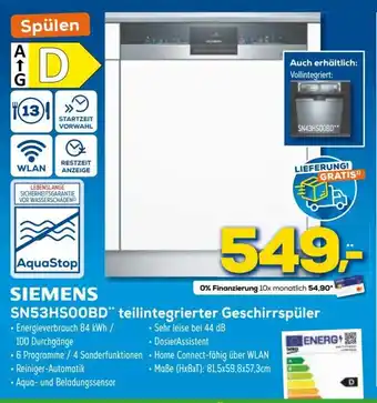 Euronics Siemens SN53HS00BD teilintegrierter Geschirrspüler Angebot