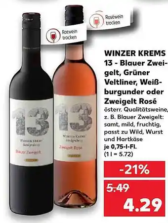 Kaufland Winzer Krems 13 - Blauer Zweigelt, Grüner Veltliner, Weißburgunder Oder Zweigelt Rosé Angebot