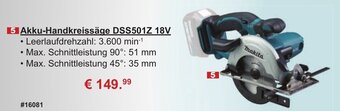 Stabilo Fachmarkt Makita Akku Handkreissäge DSS501Z 18V Angebot