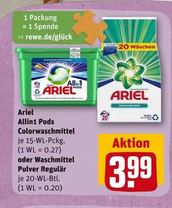 REWE Ariel allin1 pods colorwaschmittel oder waschmittel pulver regulär Angebot