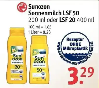 Rossmann Sunozon Sonnenmilch LSF 50 200ml oder LSF 20 400ml Angebot