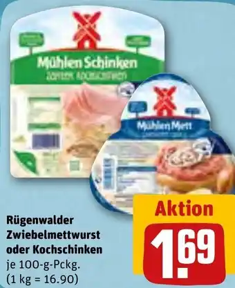 REWE Rügenwalder Zwiebelmettwurst oder Kochschinken 100 g Pckg. Angebot