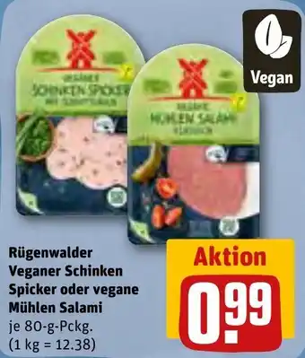 REWE Rügenwalder Veganer Schinken Spicker oder vegane Mühlen Salami 80 g Pckg. Angebot